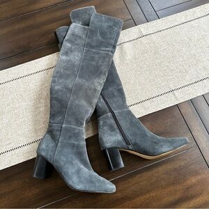 White House Black Market Gray Suede Over-The-Knee Block Heel Boots